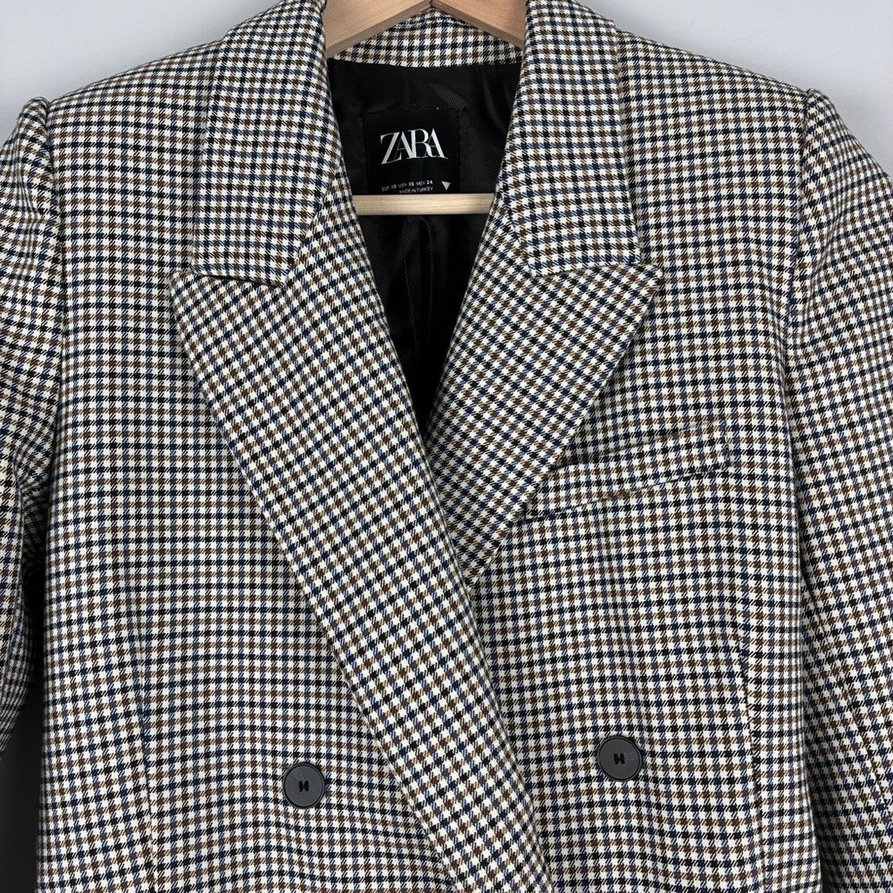 Zara Blazer XS Brown Blue Houndstooth Viscose Blend Dark Academia Career Chic - Picture 7 of 16